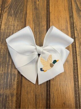 White Girls' Hair Bow with Embroidered Mallard Duck